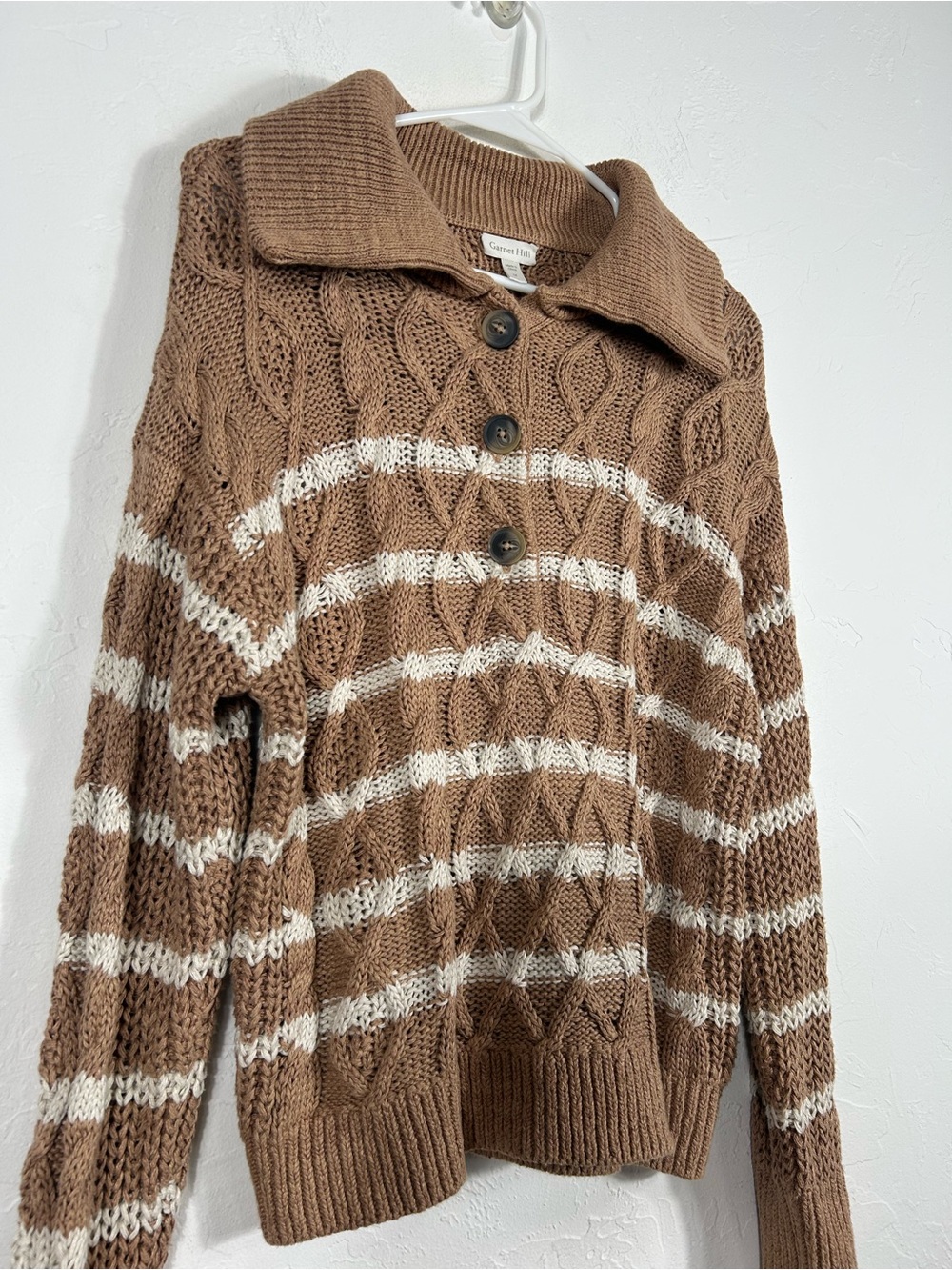 Garnet Hill Linen Blend Cable Knit Striped Collared Henley Sweater Size Medium - Picture 4 of 7